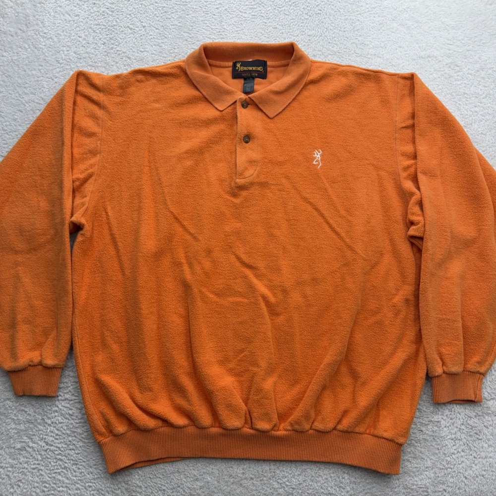 VTG Browning Mens Orange Cotton Long Sleeve Polo‎ Sweatshirt XL Made in Canada